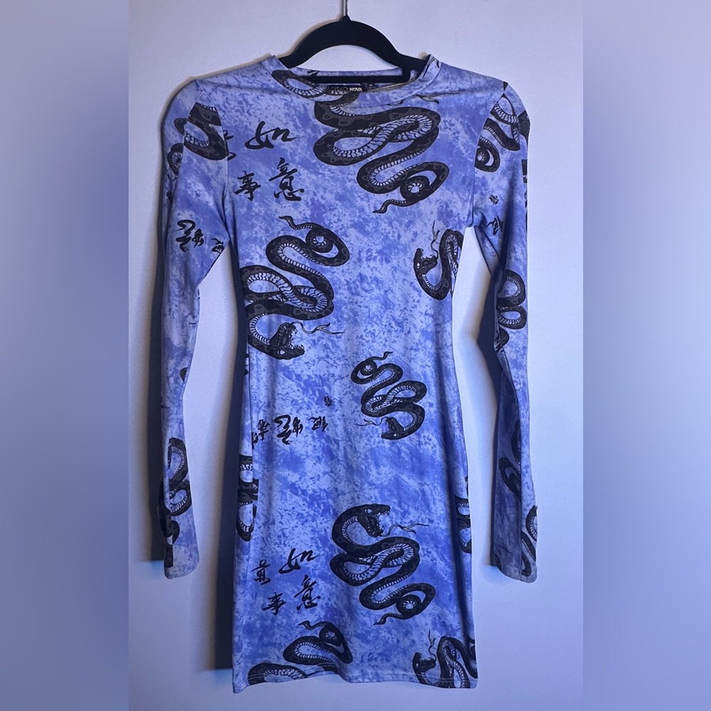 Fashion Nova snake print long sleeve mini dress in a blue wash pattern